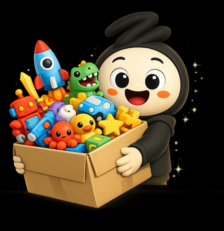 Personaje con una caja llena de juguetes